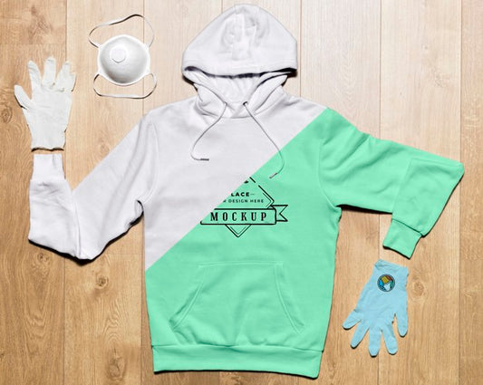 Free Top View Hoodie Mock-Up With Protection Gloves And Mask Psd