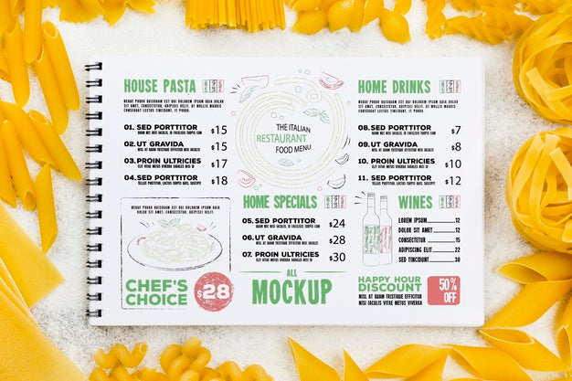 Free Top View Italian Menu And Pasta Psd