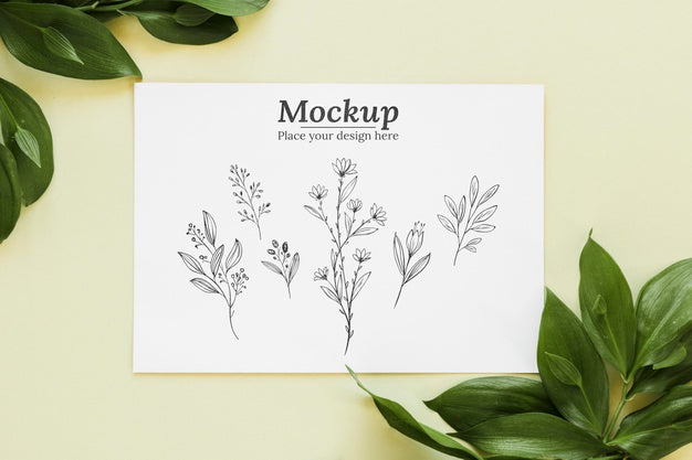 Free Top View Leaves And Card Arrangement Psd