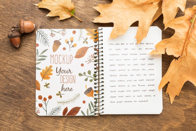 Free Top View Leaves Fall And Notebook Psd