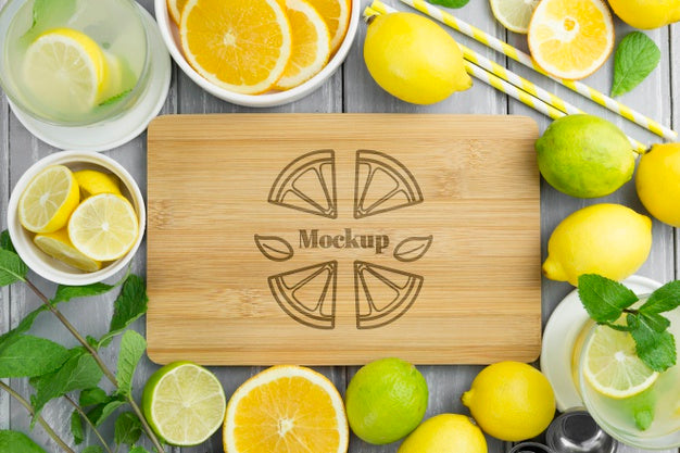 Free Top View Lemons And Mock-Up Cutting Board Psd