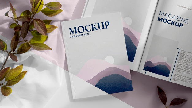 Free Top View Magazine And Leaves Mockup Psd