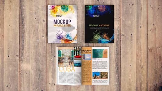 Free Top View Magazine Mockup On Wooden Table Psd