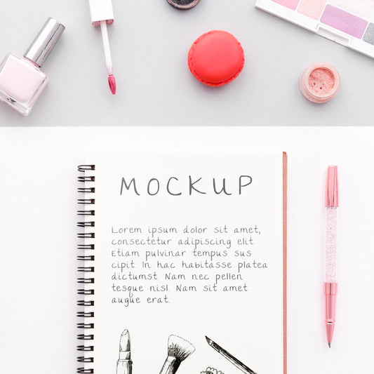 Free Top View Make-Up Cosmetics Assortment With Notepad Mock-Up Psd