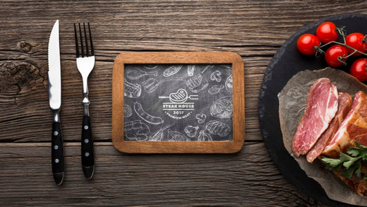 Free Top View Meat Products With Blackboard Mock-Up Psd
