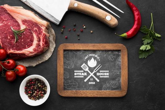 Free Top View Meat Products With Chalkboard Mock-Up Psd