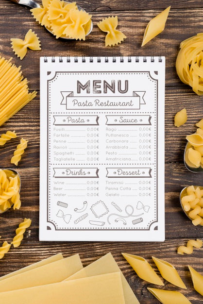 Free Top View Menu And Pasta Arrangement Psd