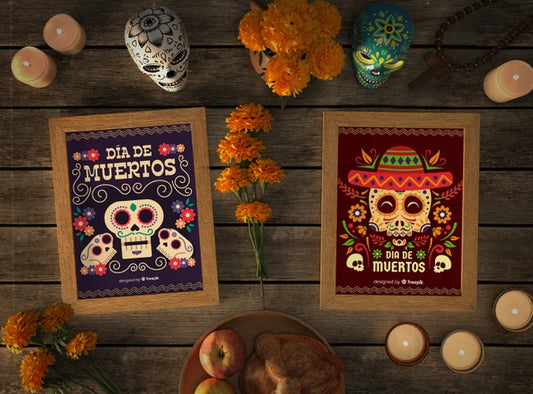 Free Top View Mexican Skull Mock-Ups With Festive Elements Psd