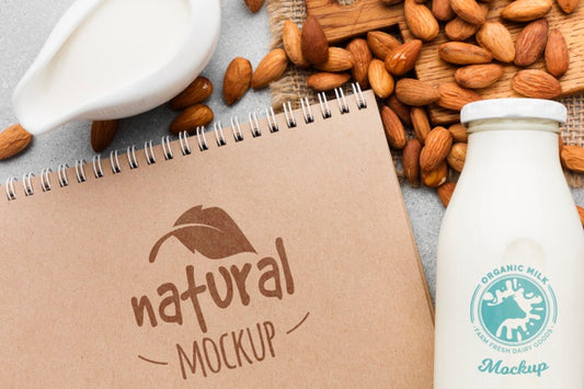 Free Top View Milk And Almonds Arrangement Psd