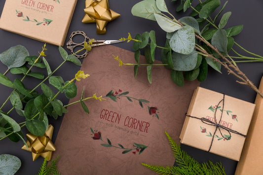 Free Top View Mock-Up Gifts And Leaves Psd