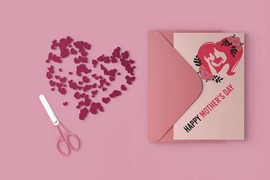 Free Top View Mother'S Day Card And Envelope With Scissors Psd
