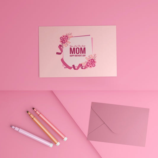 Free Top View Mother'S Day Greeting Card With Envelope Psd