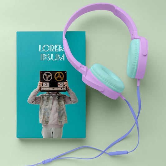 Free Top View Music Book Cover Mock-Up Arrangement With Headphones Psd