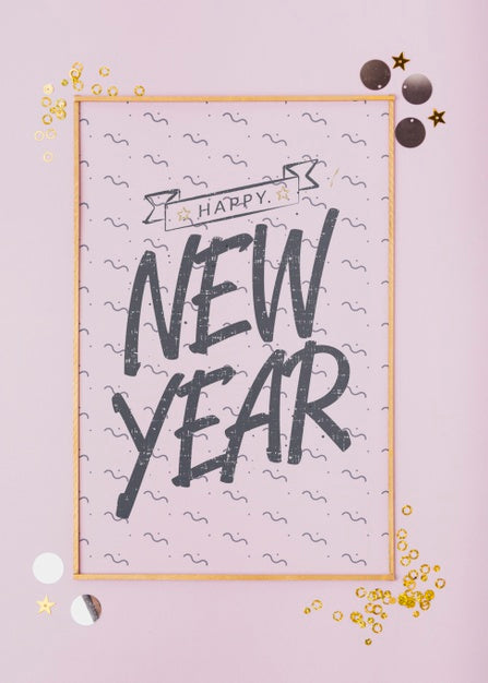 Free Top View New Year Lettering On Minimal Golden Frame Psd