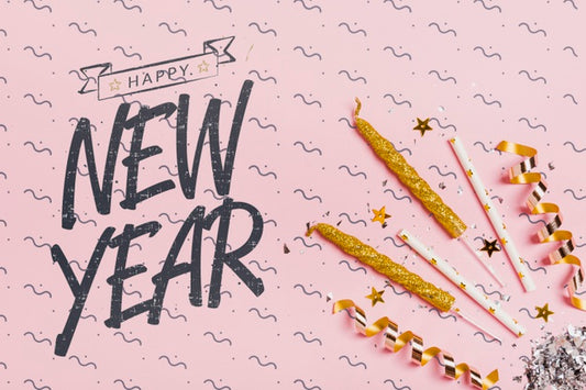 Free Top View New Year Lettering With Festive Ornaments Psd