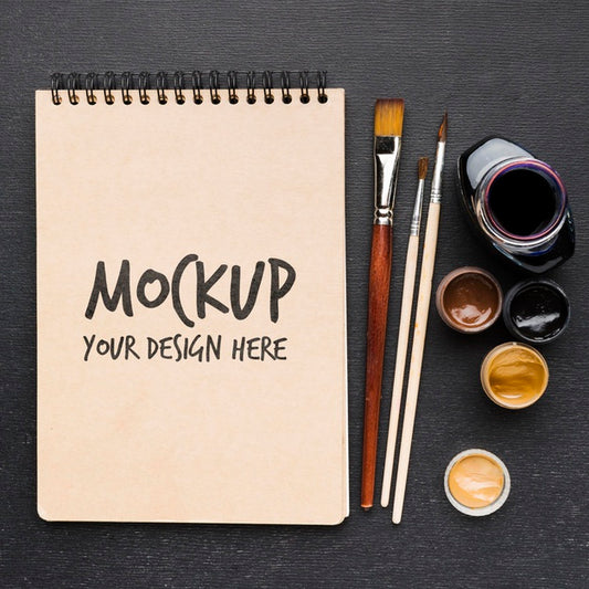 Free Top View Notebook And Brushes Mock-Up Psd