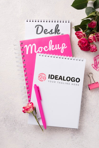 Free Top View Notebook Mock-Up And Roses Psd