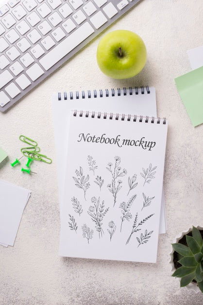 Free Top View Notebook Mock-Up And Stationery Near Apple And Keyboard Psd