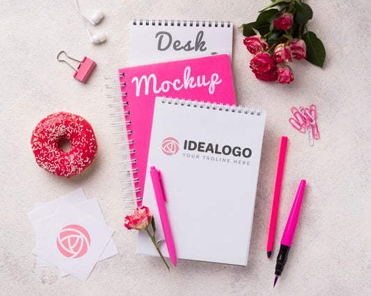 Free Top View Notebook Mock-Up Near Roses And Donut Psd