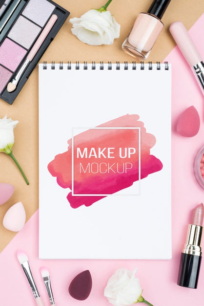 Free Top View Notebook With Make-Up Items Psd
