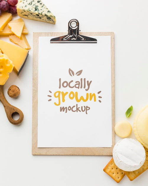 Free Top View Notepad Mock-Up With Assortment Of Locally Grown Cheese Psd