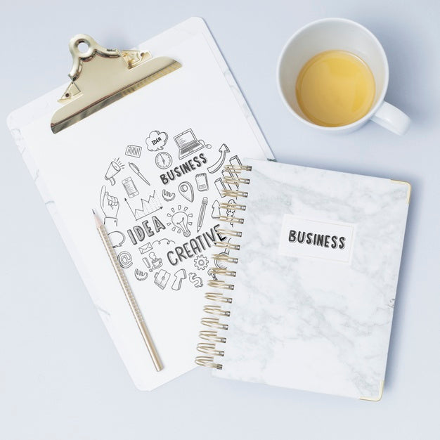 Free Top View Notepad With Clipboard Psd – CreativeBooster