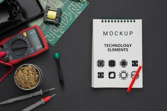 Free Top View Notepad With Electronics Tools Psd