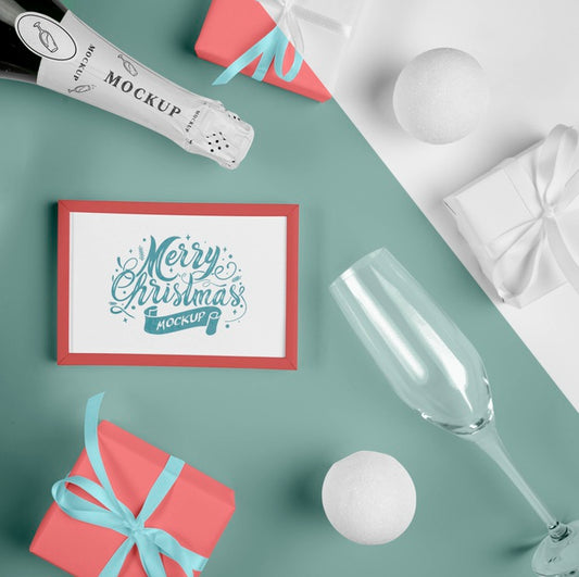 Free Top View Of A Champagne Bottle With A Christmas Frame Psd