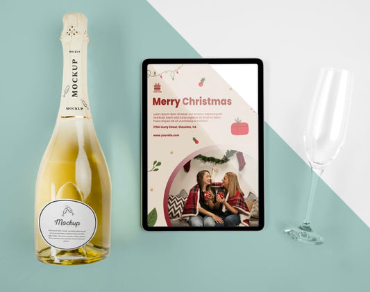 Free Top View Of A Champagne Bottle With Christmas Mock-Up Psd