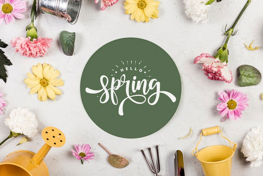 Free Top View Of Assortment Of Spring Flowers And Gardening Tools Psd