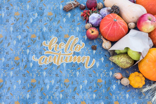 Free Top View Of Autumn Harvest With Blue Background Psd