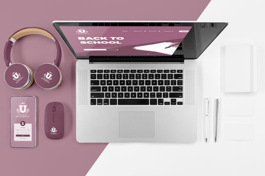 Free Top View Of Back To School Laptop With Headphones And Mouse Psd