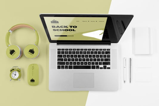 Free Top View Of Back To School Laptop With Headphones Psd