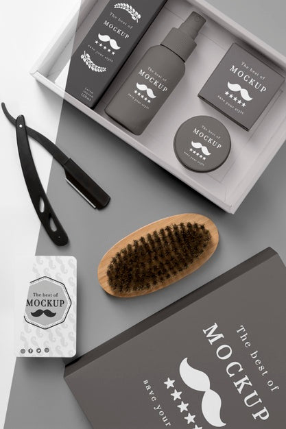 Free Top View Of Barbershop Products Box With Brush And Razor Psd