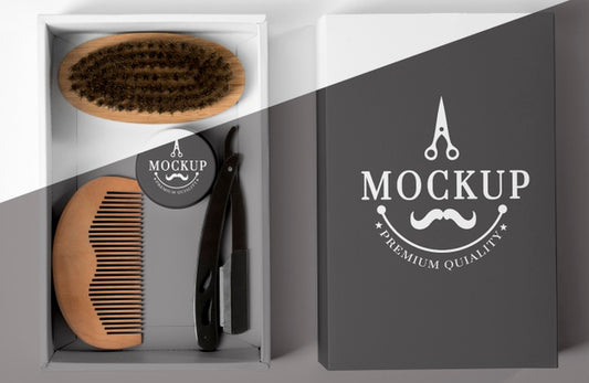 Free Top View Of Barbershop Products Box With Comb And Razor Psd