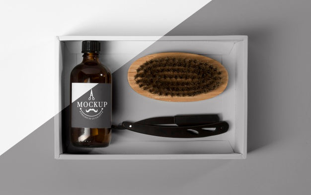 Free Top View Of Barbershop Products Box With Razor And Comb Psd