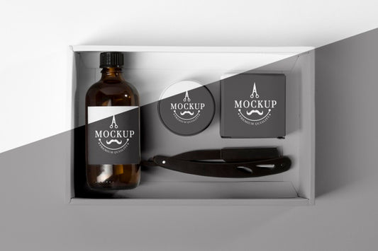 Free Top View Of Barbershop Products Box With Razor And Shampoo Psd