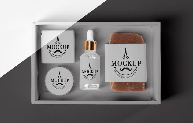 Free Top View Of Barbershop Products Box With Serum And Soap Psd