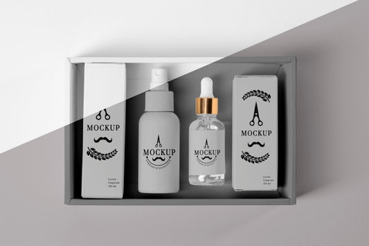 Free Top View Of Barbershop Products Box With Serums Psd