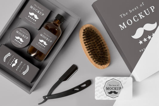 Free Top View Of Barbershop Products Box With Shampoo And Brush Psd