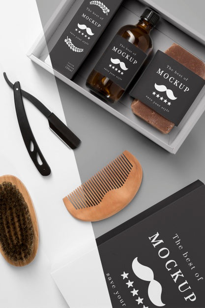 Free Top View Of Barbershop Products Box With Shampoo And Comb Psd