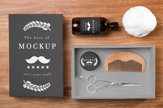 Free Top View Of Beard Care Products In Set With Comb Psd