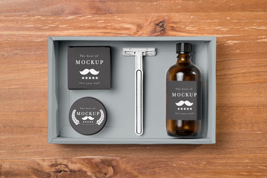 Free Top View Of Beard Care Products With Razor Psd