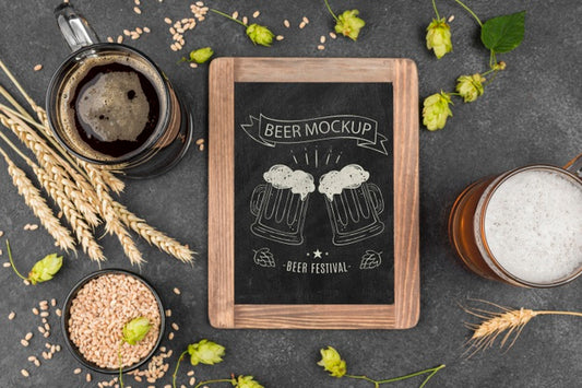 Free Top View Of Beer Glass With Pint And Chalkboard Psd