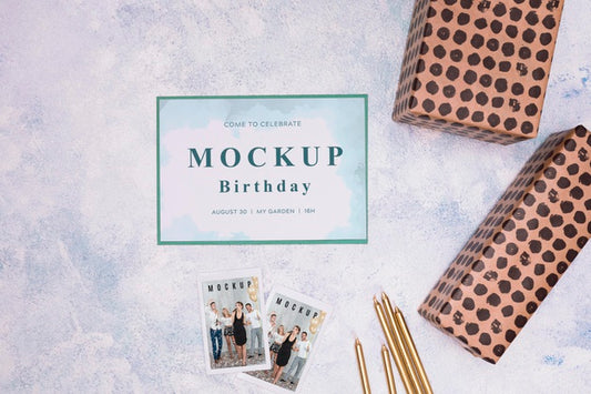 Free Top View Of Birthday Card Mock-Up With Presents Psd