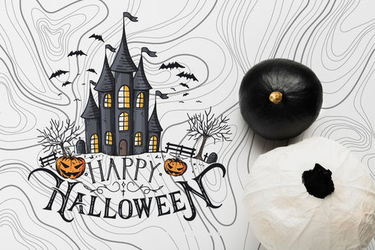Free Top View Of Black And White Pumpkins With Haunted House Psd