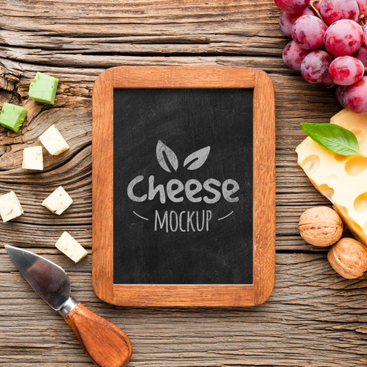 Free Top View Of Blackboard With Assortment Of Locally Grown Cheese And Grapes Psd