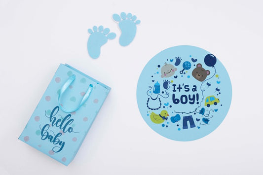 Free Top View Of Blue Baby Shower Decor With Gift Bag Psd