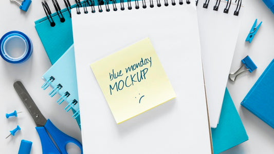 Free Top View Of Blue Monday Notebooks Mock-Up Psd
