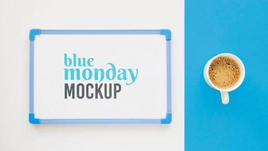 Free Top View Of Blue Monday Whiteboard With Coffee Cup Psd